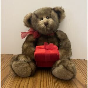Gund Brown Teddy Bear Plush 15 Inch With Red Bow Holding Opening Red Velvet Box